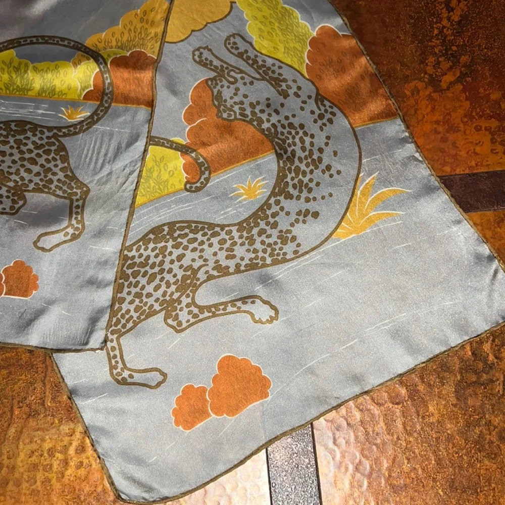 Sally Gee Silk Scarf Japan Big Cats Leopard Tiger Hand Rolled WPL 13407 Vintage